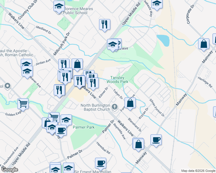 map of restaurants, bars, coffee shops, grocery stores, and more near Kilmer Drive in Burlington