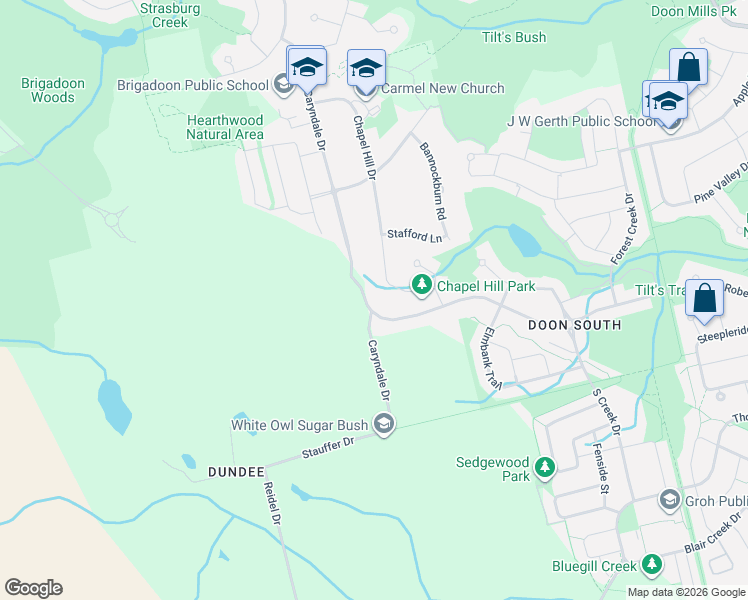 map of restaurants, bars, coffee shops, grocery stores, and more near 235 Chapel Hill Drive in Kitchener