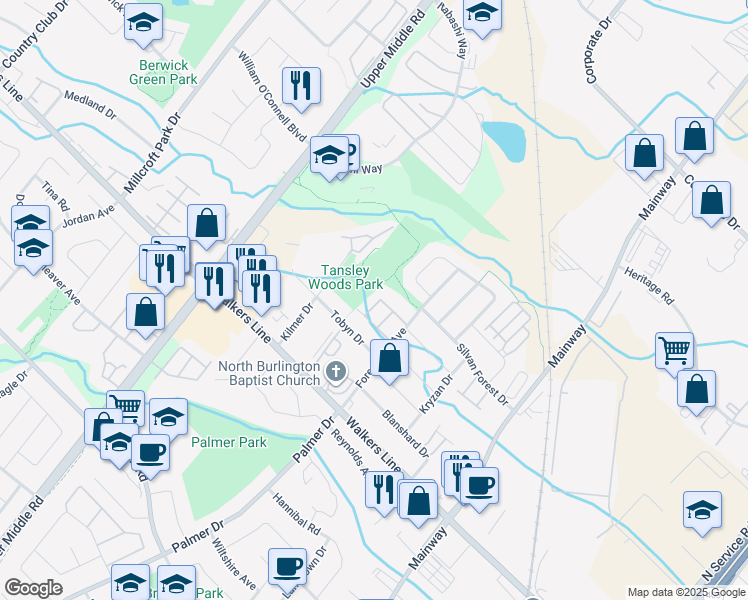 map of restaurants, bars, coffee shops, grocery stores, and more near 4055 Forest Run Avenue in Burlington