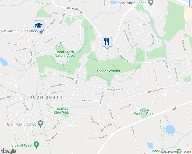 map of restaurants, bars, coffee shops, grocery stores, and more near 529 Topper Woods Crescent in Kitchener