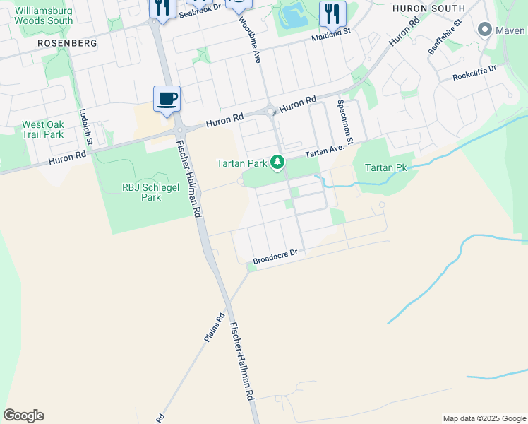 map of restaurants, bars, coffee shops, grocery stores, and more near 267 Plains Road in Kitchener