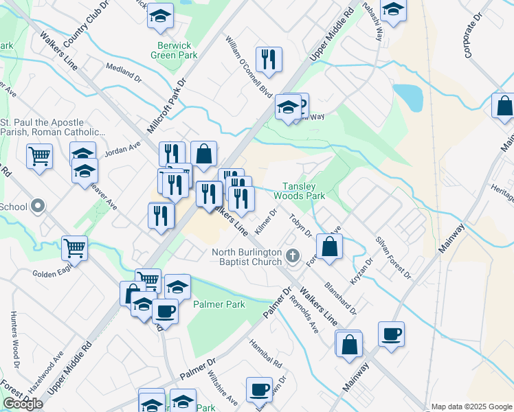 map of restaurants, bars, coffee shops, grocery stores, and more near in Burlington