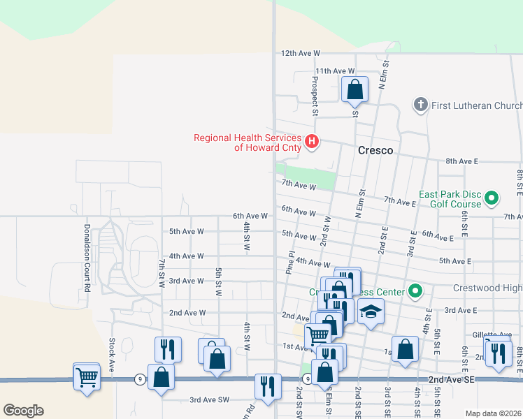 map of restaurants, bars, coffee shops, grocery stores, and more near 300-358 6th Avenue West in Cresco