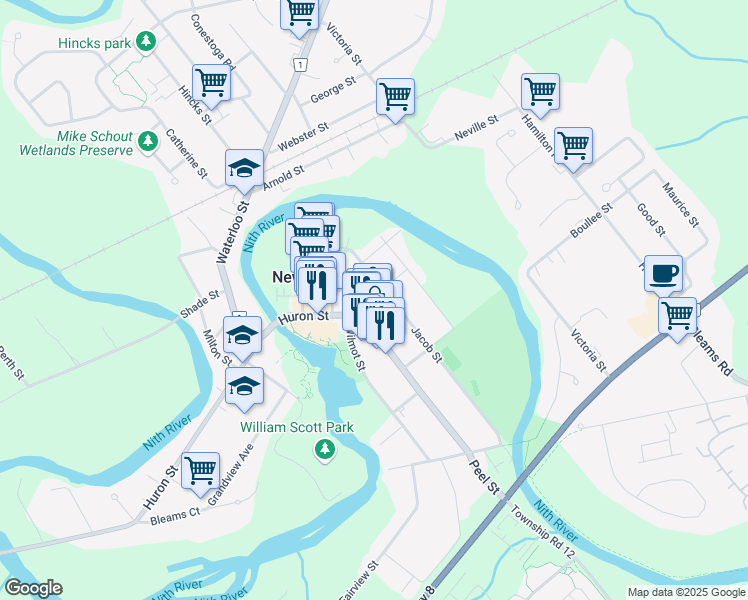 map of restaurants, bars, coffee shops, grocery stores, and more near 19 Seyler Street in New Hamburg