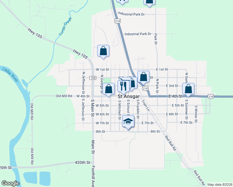 map of restaurants, bars, coffee shops, grocery stores, and more near 319 West 4th Street in Saint Ansgar