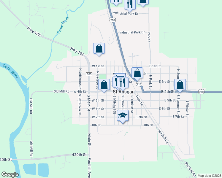 map of restaurants, bars, coffee shops, grocery stores, and more near 319 W 4th St in St Ansgar