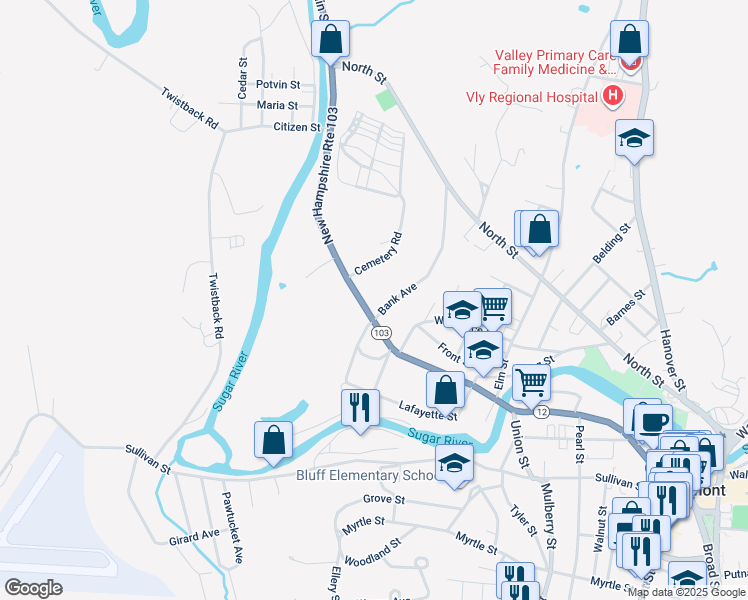 map of restaurants, bars, coffee shops, grocery stores, and more near 285 Main Street in Claremont