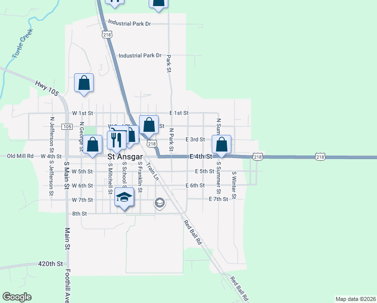 map of restaurants, bars, coffee shops, grocery stores, and more near 401 East 4th Street in Saint Ansgar
