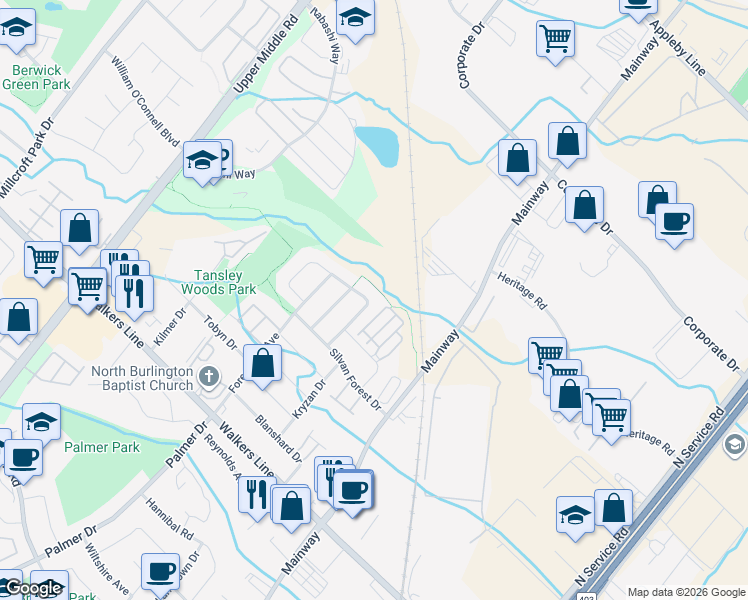 map of restaurants, bars, coffee shops, grocery stores, and more near 4138 Bianca Forest Drive in Burlington