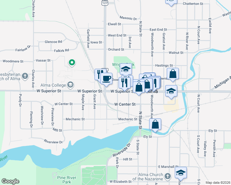 map of restaurants, bars, coffee shops, grocery stores, and more near 323 West Superior Street in Alma