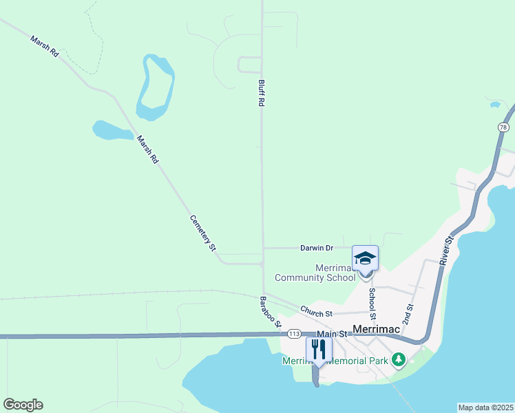 map of restaurants, bars, coffee shops, grocery stores, and more near 396 Baraboo Street in Merrimac