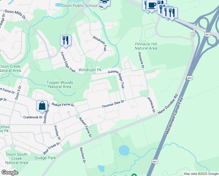 map of restaurants, bars, coffee shops, grocery stores, and more near 115 Ian Ormston Drive in Kitchener