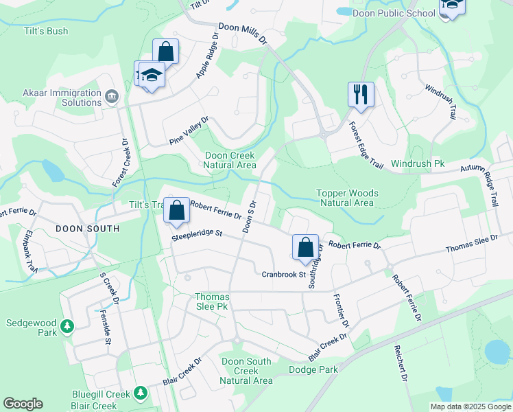 map of restaurants, bars, coffee shops, grocery stores, and more near 494 Doon South Drive in Kitchener