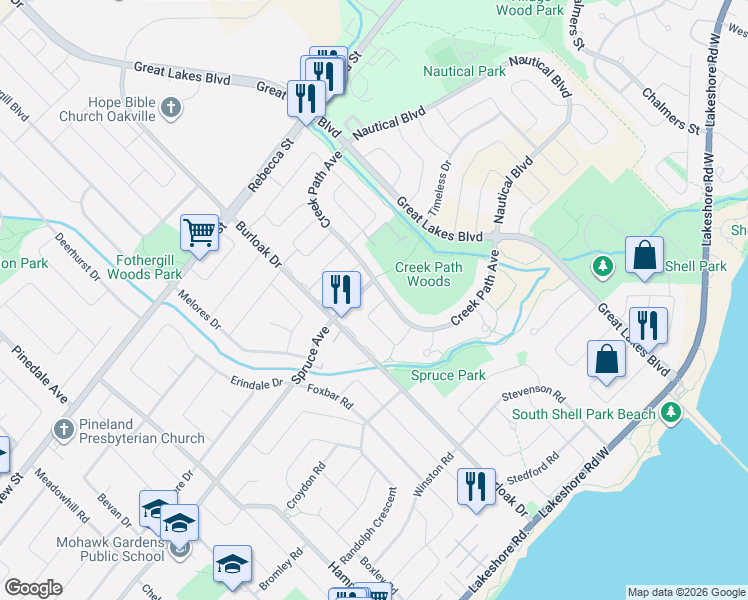 map of restaurants, bars, coffee shops, grocery stores, and more near 244 Tawny Crescent in Oakville