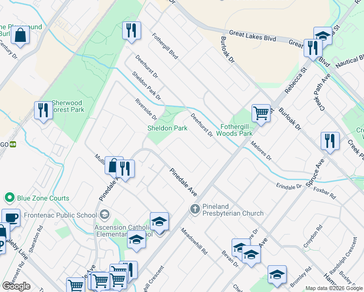 map of restaurants, bars, coffee shops, grocery stores, and more near 533 Kenmarr Crescent in Burlington