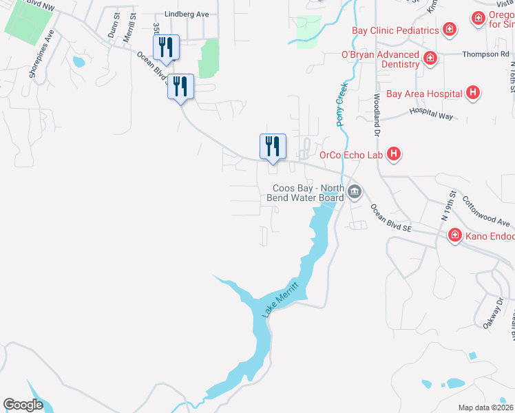 map of restaurants, bars, coffee shops, grocery stores, and more near 2925 Knott Terrace in Coos Bay