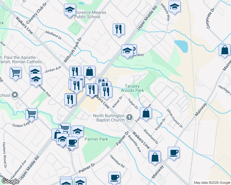 map of restaurants, bars, coffee shops, grocery stores, and more near 4025 Kilmer Drive in Burlington