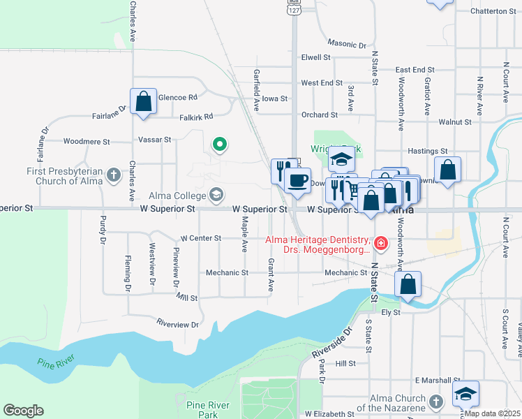 map of restaurants, bars, coffee shops, grocery stores, and more near in Alma