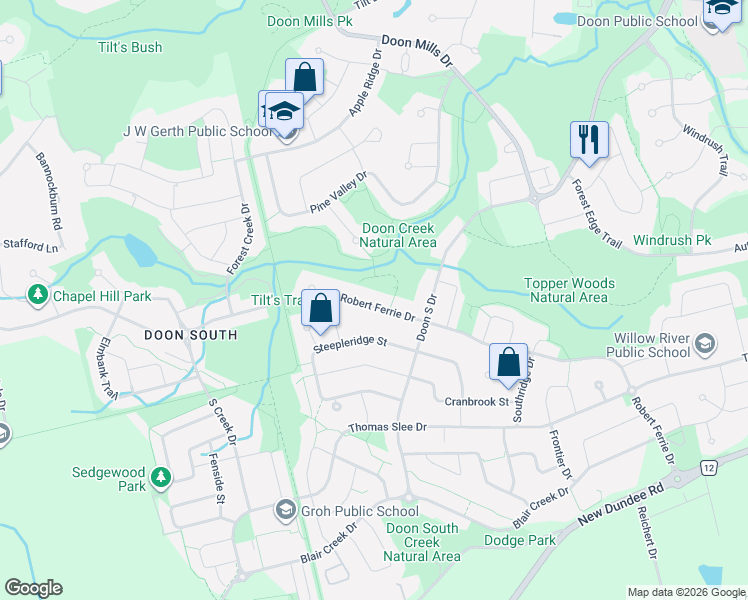 map of restaurants, bars, coffee shops, grocery stores, and more near 552 Robert Ferrie Drive in Kitchener