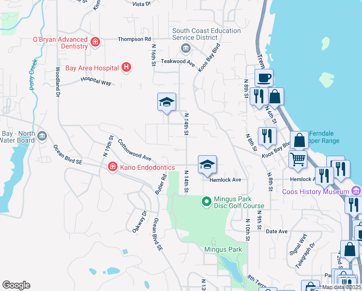 map of restaurants, bars, coffee shops, grocery stores, and more near 1459 Kingwood Avenue in Coos Bay