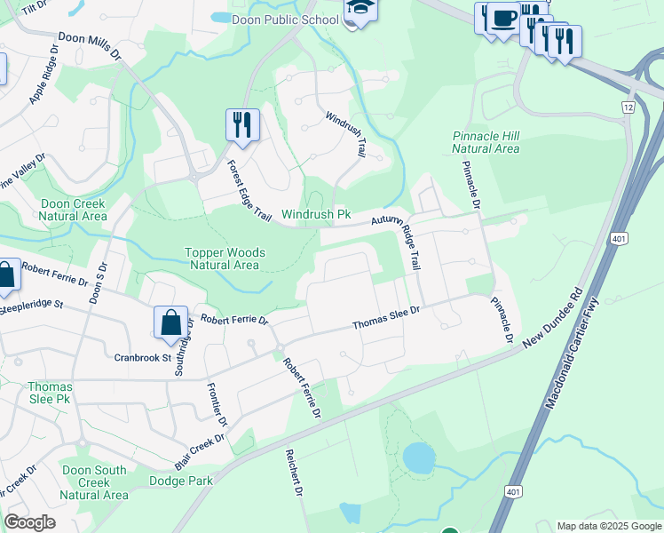 map of restaurants, bars, coffee shops, grocery stores, and more near 55 Monarch Woods Drive in Kitchener