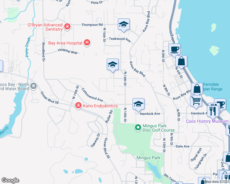 map of restaurants, bars, coffee shops, grocery stores, and more near 1459 Kingwood Avenue in Coos Bay