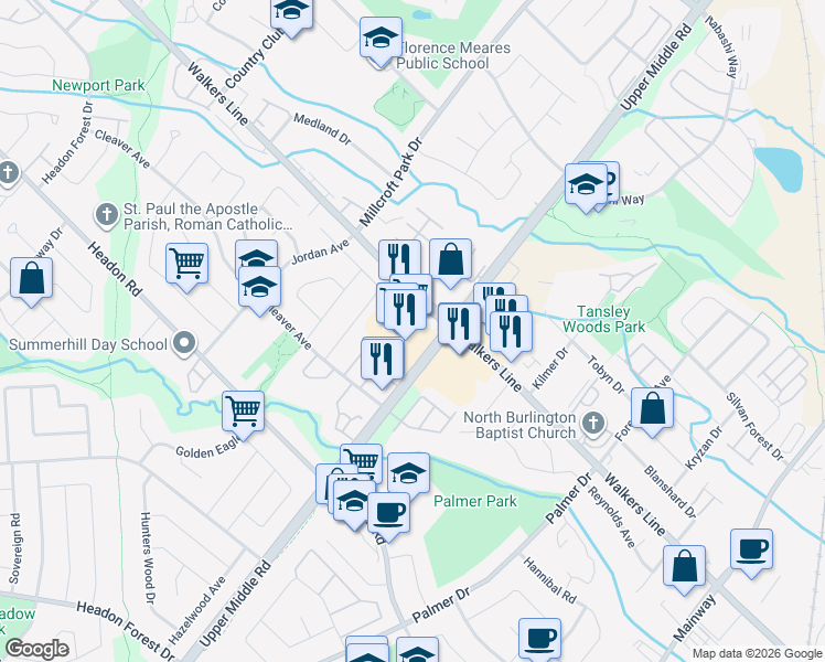map of restaurants, bars, coffee shops, grocery stores, and more near 3505 Upper Middle Road in Burlington