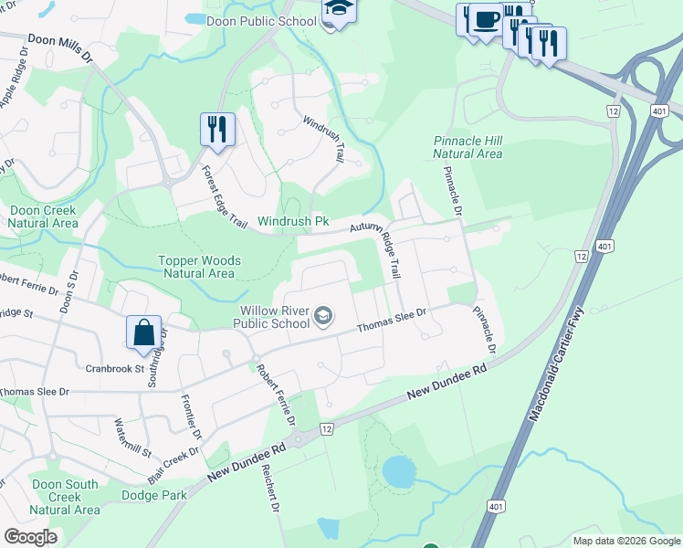 map of restaurants, bars, coffee shops, grocery stores, and more near 127 Monarch Woods Drive in Kitchener