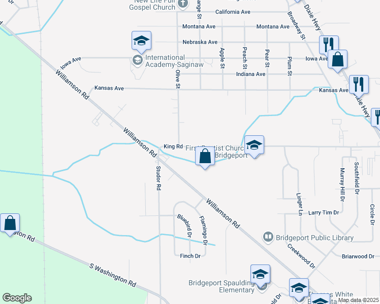 map of restaurants, bars, coffee shops, grocery stores, and more near 2132 King Road in Saginaw