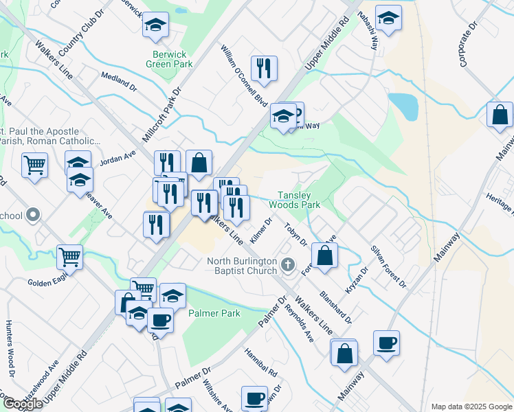map of restaurants, bars, coffee shops, grocery stores, and more near in Burlington