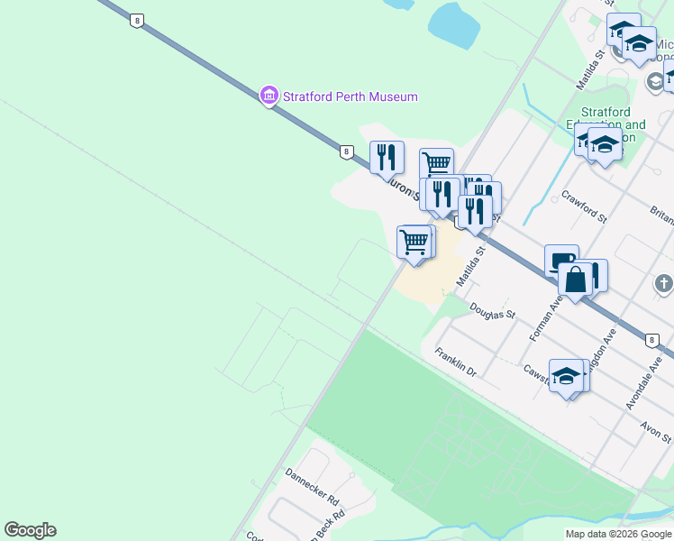 map of restaurants, bars, coffee shops, grocery stores, and more near 36 Brown Street in Sebringville