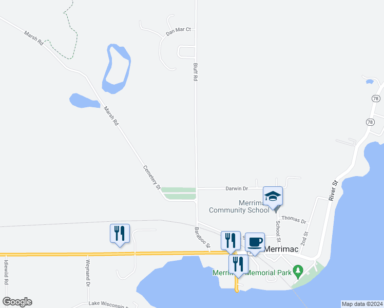 map of restaurants, bars, coffee shops, grocery stores, and more near 396 Baraboo Street in Merrimac
