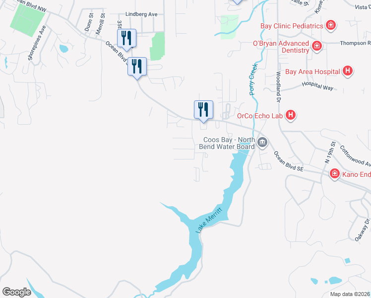 map of restaurants, bars, coffee shops, grocery stores, and more near 2910 Twig Terrace in Coos Bay