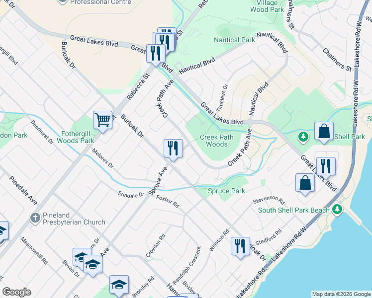 map of restaurants, bars, coffee shops, grocery stores, and more near 3478 Wavecrest Street in Oakville