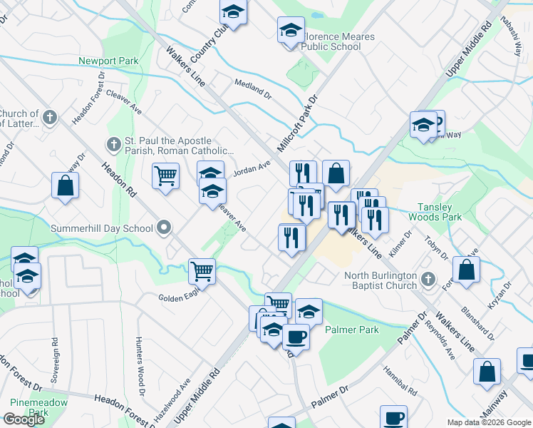 map of restaurants, bars, coffee shops, grocery stores, and more near 2153 Salma Crescent in Burlington