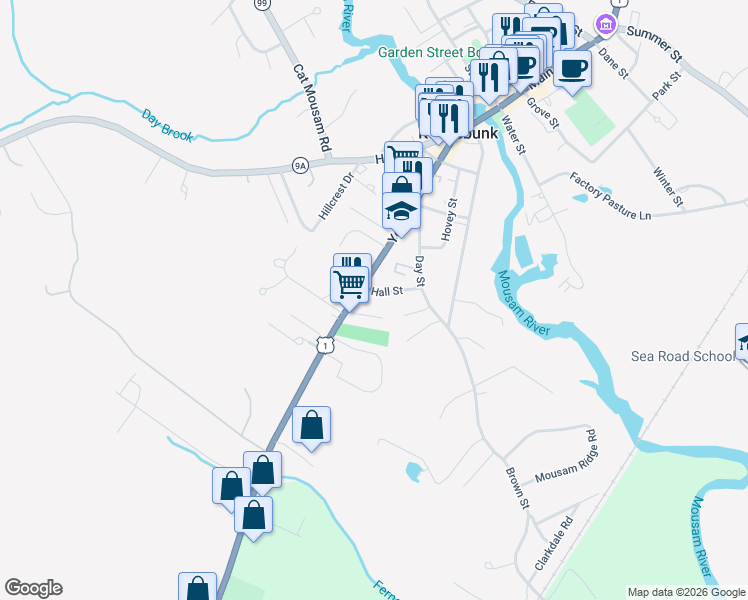 map of restaurants, bars, coffee shops, grocery stores, and more near 67 York Street in Kennebunk