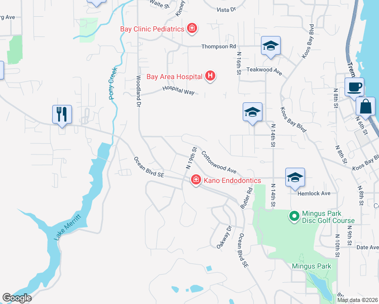 map of restaurants, bars, coffee shops, grocery stores, and more near 1645 North 19th Street in Coos Bay