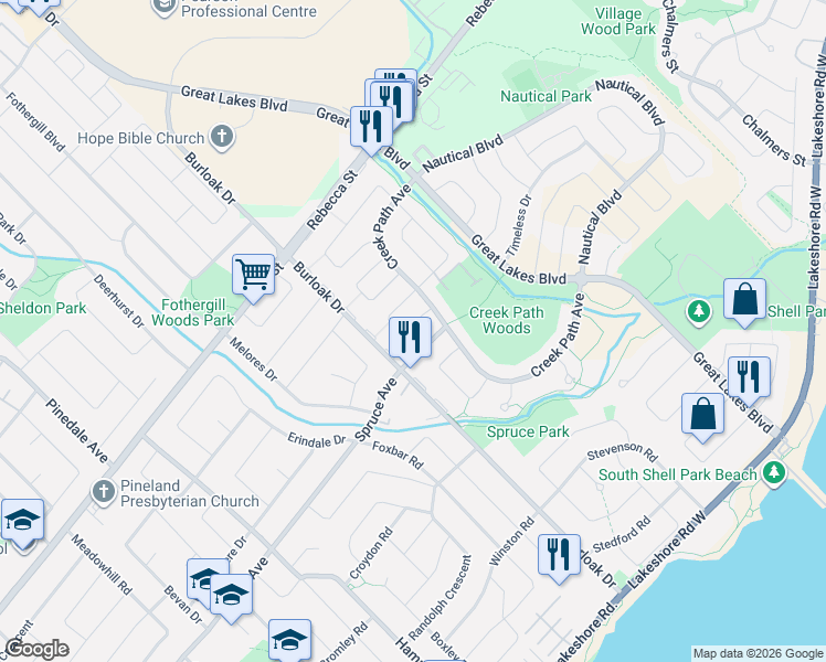 map of restaurants, bars, coffee shops, grocery stores, and more near 3364 Hayhurst Crescent in Oakville