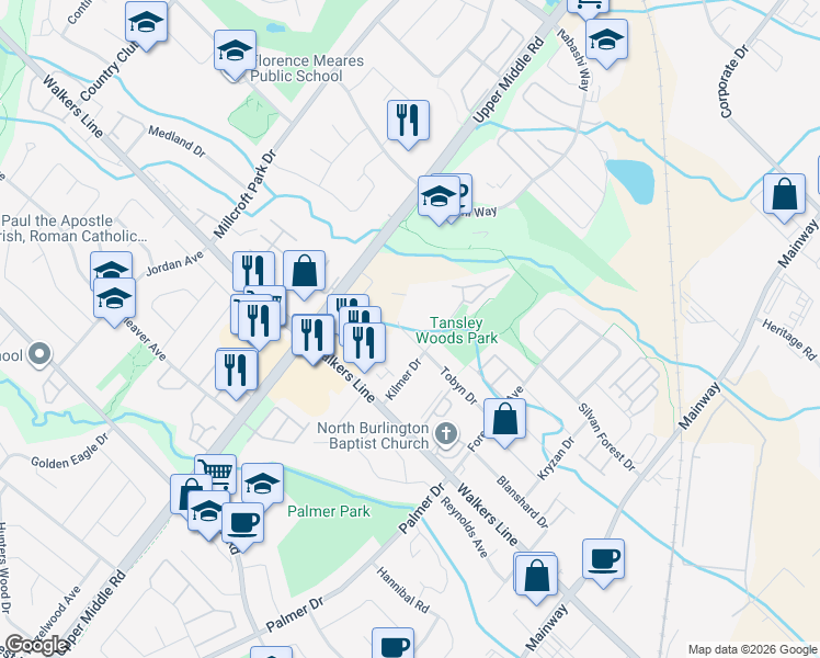map of restaurants, bars, coffee shops, grocery stores, and more near 1451 Tobyn Drive in Burlington