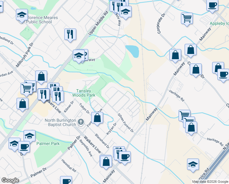 map of restaurants, bars, coffee shops, grocery stores, and more near 4123 Forest Run Avenue in Burlington