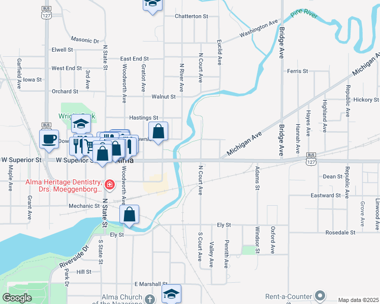 map of restaurants, bars, coffee shops, grocery stores, and more near 525 East Superior Street in Alma