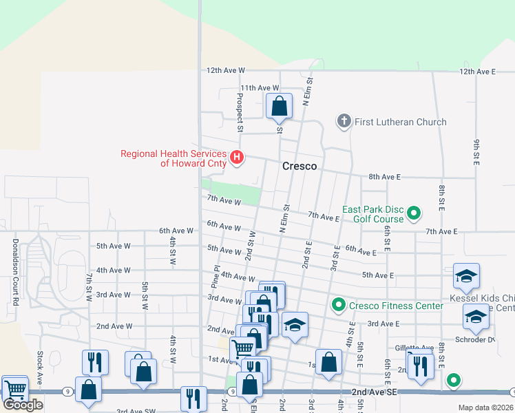 map of restaurants, bars, coffee shops, grocery stores, and more near 700 2nd Street West in Cresco