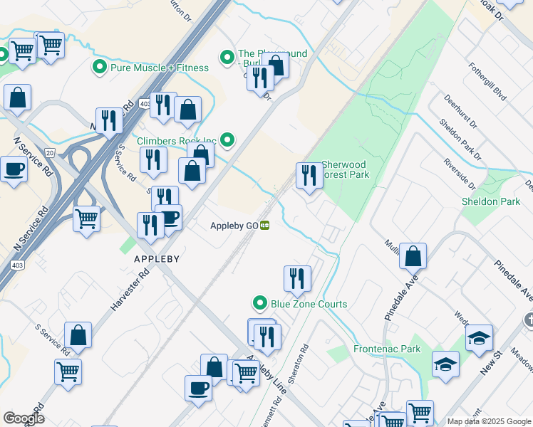 map of restaurants, bars, coffee shops, grocery stores, and more near 5111 Fairview Street in Burlington