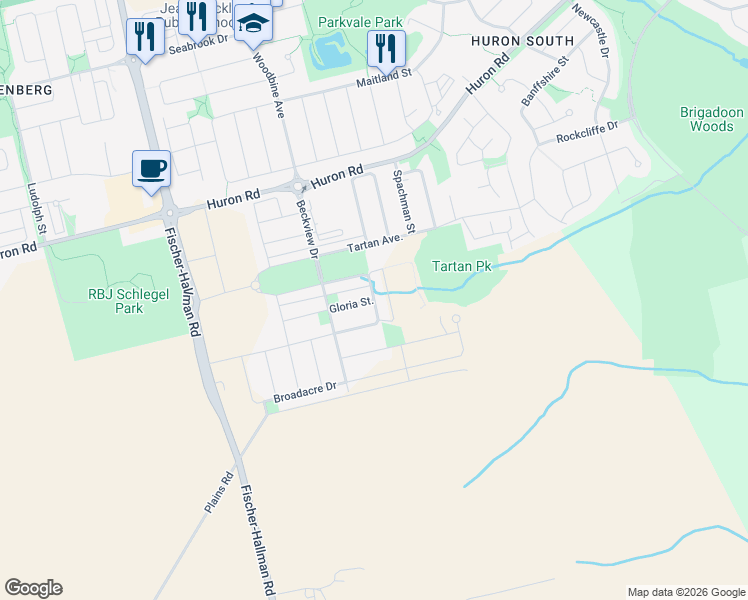 map of restaurants, bars, coffee shops, grocery stores, and more near Beckview Crescent in Kitchener