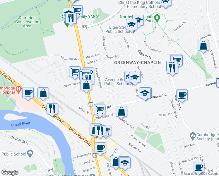 map of restaurants, bars, coffee shops, grocery stores, and more near 133 Sekura Crescent in Cambridge