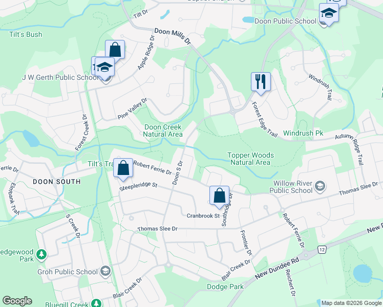 map of restaurants, bars, coffee shops, grocery stores, and more near 468 Doon South Drive in Kitchener