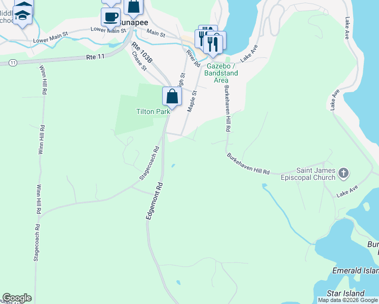 map of restaurants, bars, coffee shops, grocery stores, and more near 28 Beech Street in Sunapee