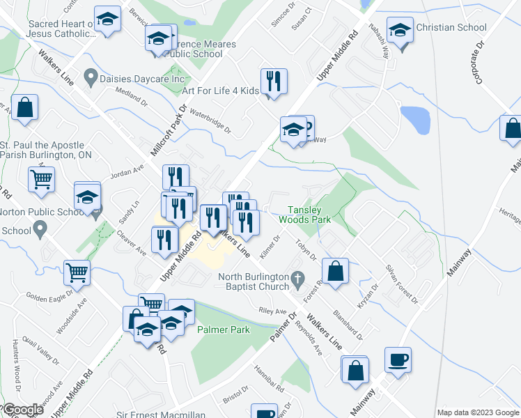 map of restaurants, bars, coffee shops, grocery stores, and more near 4050 Upper Middle Road in Burlington