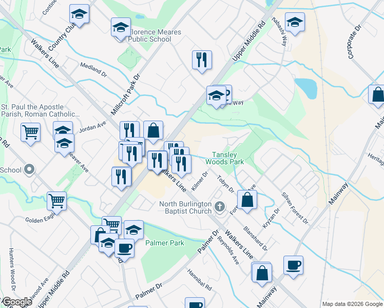 map of restaurants, bars, coffee shops, grocery stores, and more near 4050 Upper Middle Road in Burlington