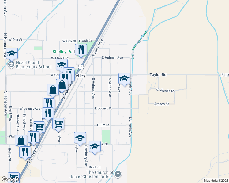 map of restaurants, bars, coffee shops, grocery stores, and more near 350 East Pine Street in Shelley